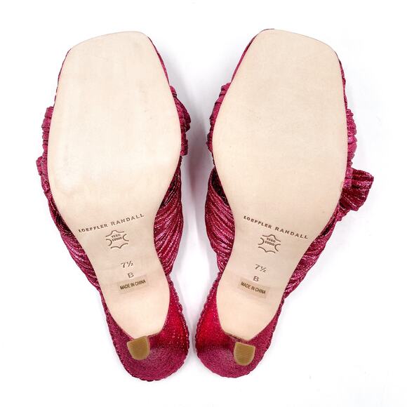 Loeffler Randall Claudia Mules Pleated Fuchsia Metallic Heels Bow Sandals Sz 7.5 - Picture 11 of 13